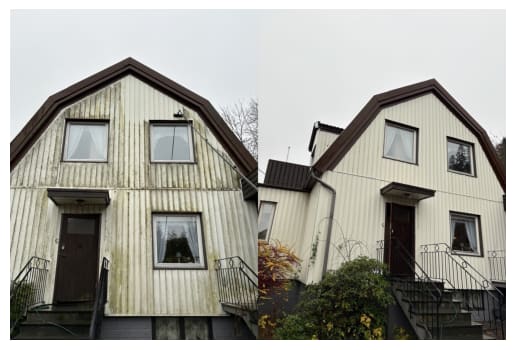 Före och efter fasadtvätt på en villa: till vänster panel med grön beläggning, till höger samma fasad ren